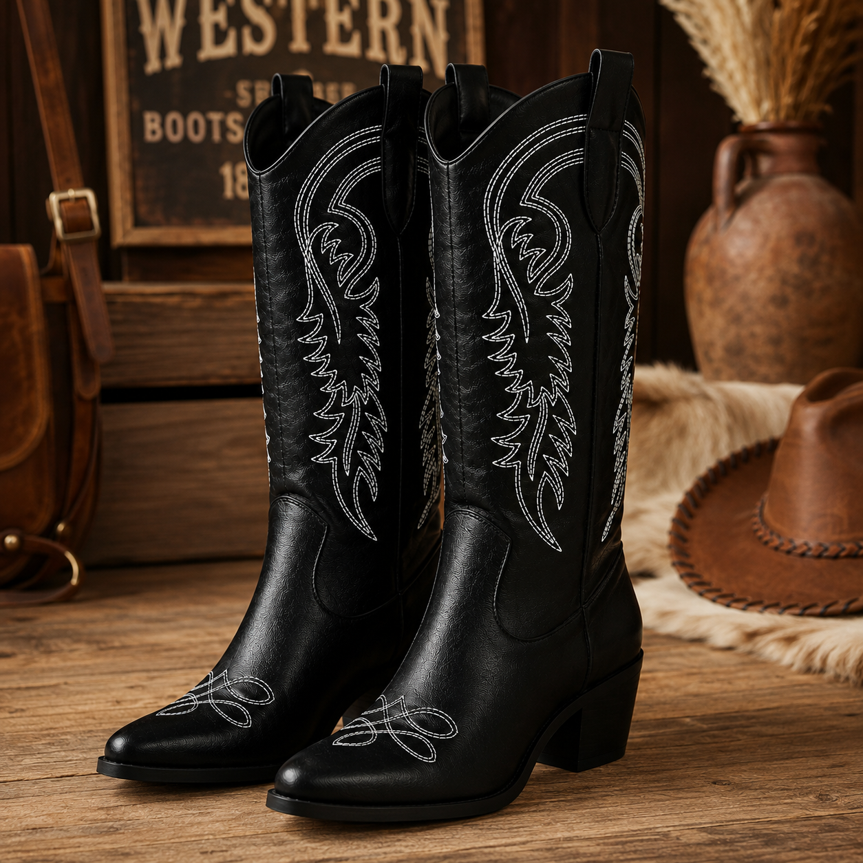 Dakota – Skórzane Kowbojki Damskie z Haftem Western