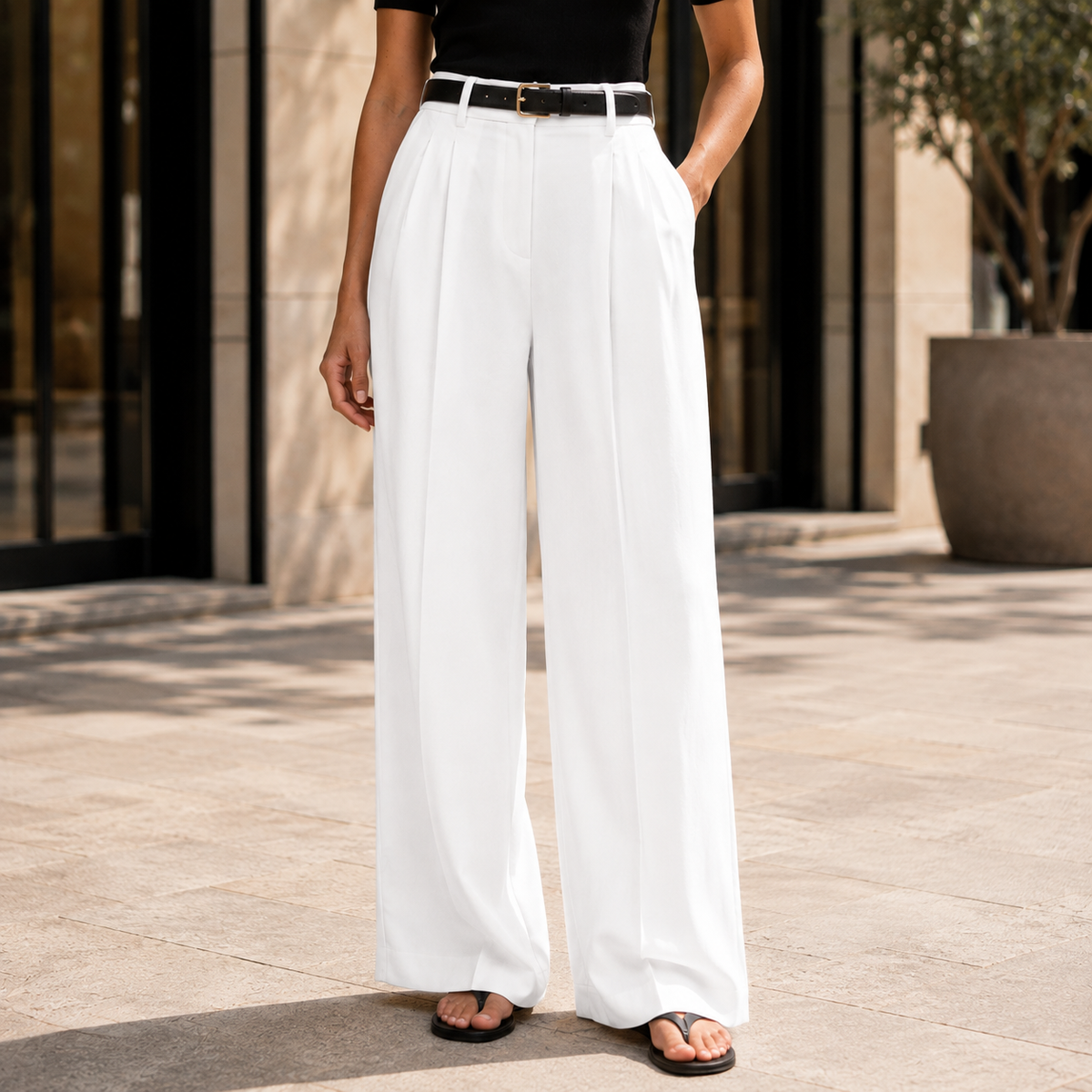 Elegancka Pantalon Damska z Szerokimi Nogawkami i Zakładkami