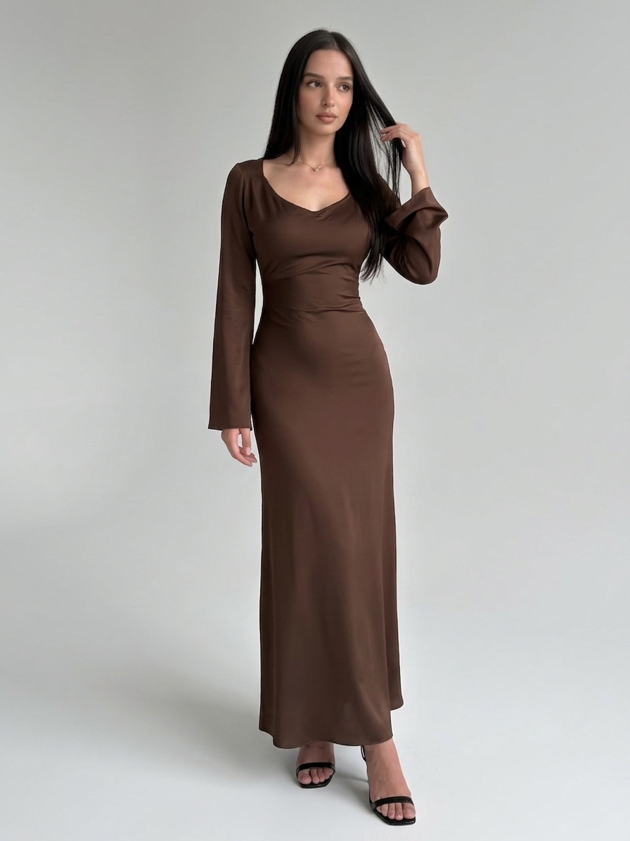 Felicity | Elegancka satynowa sukienka maxi na wesele z długim rękawem i linią A