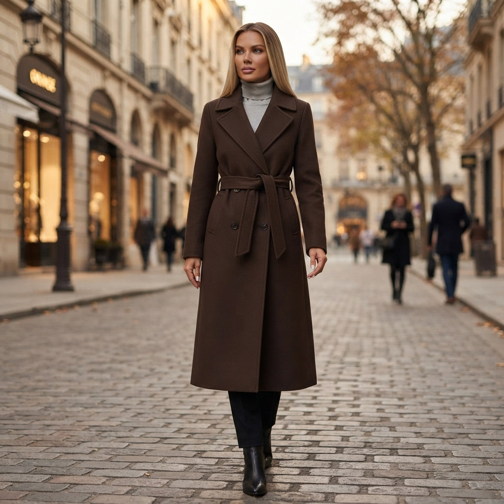 Charlotte | Elegancki Wełniany Płaszcz Damski z Wiązanym Paskiem