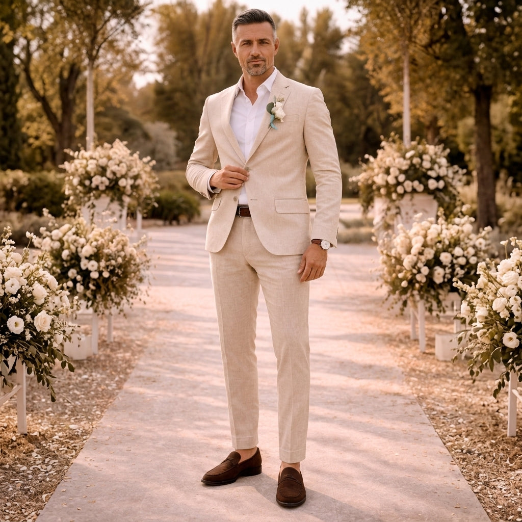 Eli | Garnitur Ślubny Męski – Elegancki Dwuczęściowy Komplet z Mieszanki Lnu
