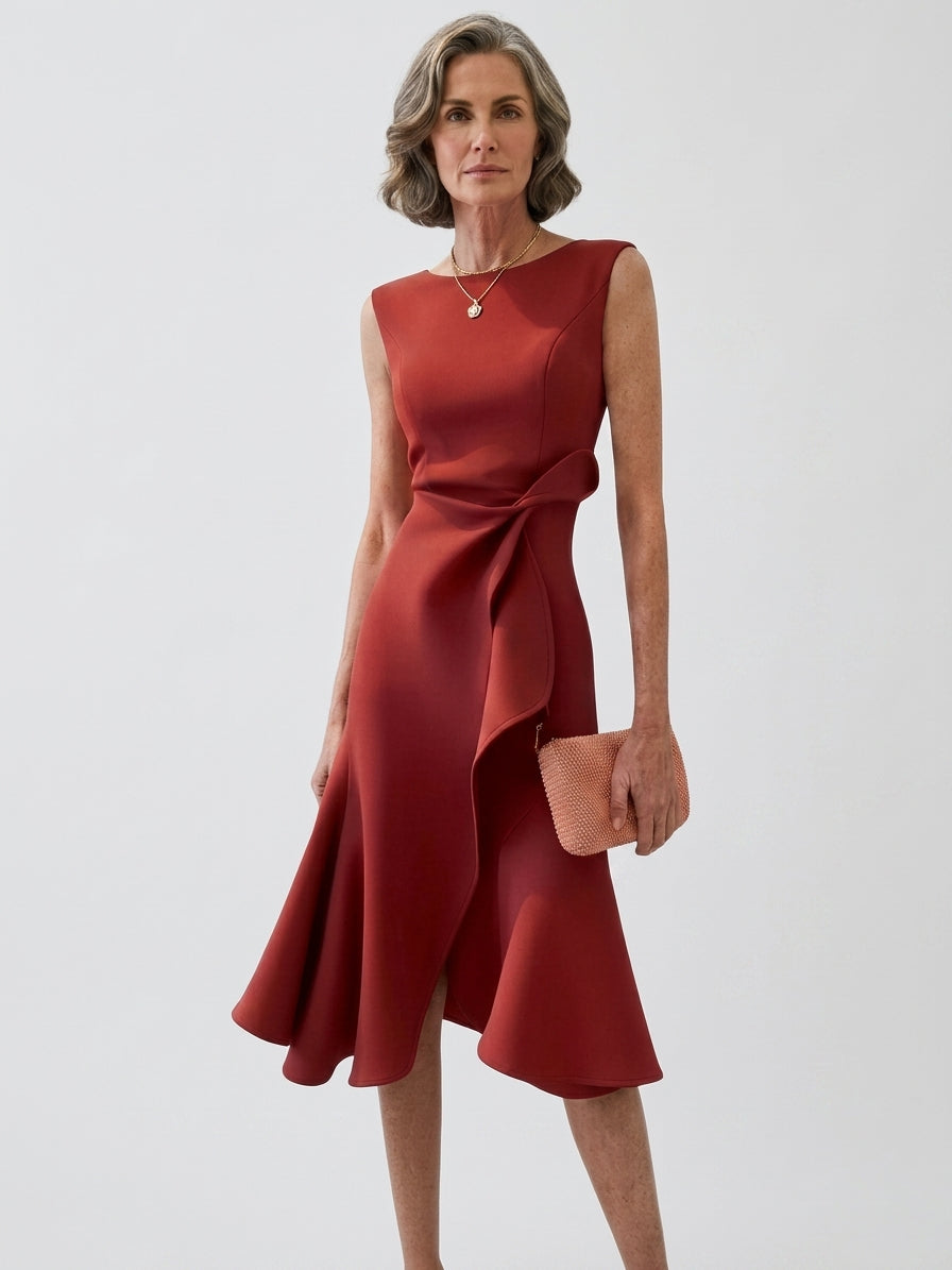 Lena | Sukienka na wesele – Elegancka sukienka midi bez rękawów z asymetrycznym dołem