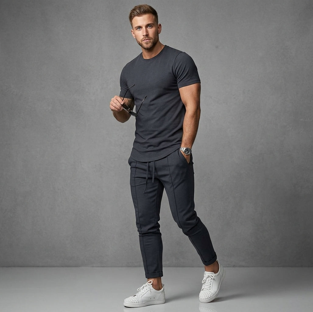 Stylowy Zestaw Męski | Dwuczęściowy Garnitur Slim Fit z T-Shirtem i Spodniami – Elegancki i Wygodny