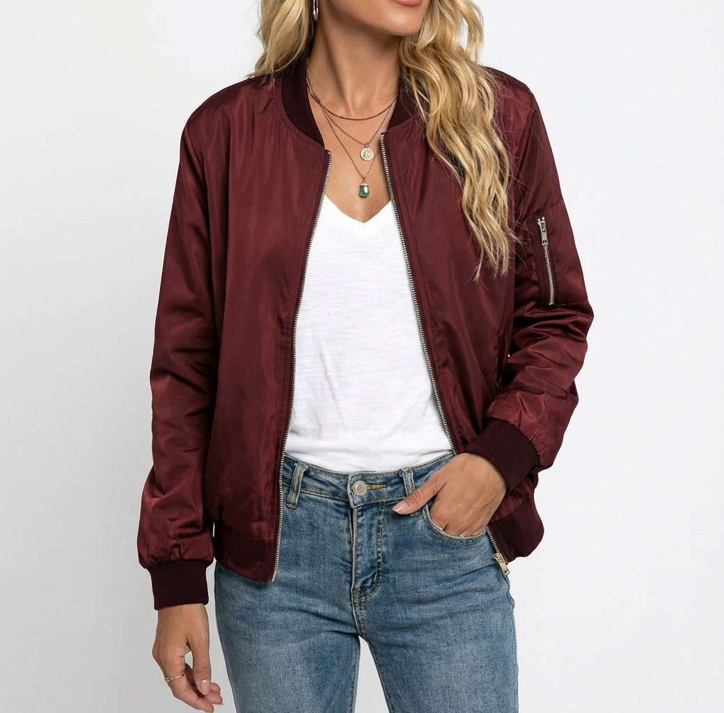 Annika - Damska klasyczna kurtka bomberka z zamkiem z przodu