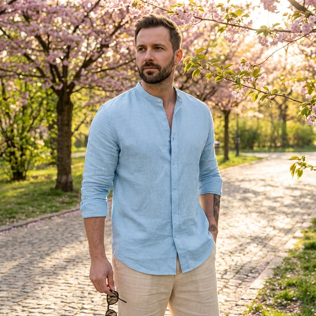 Jerzy - Koszula lniana męska – Lekkie eleganckie ubranie na lato z długim rękawem