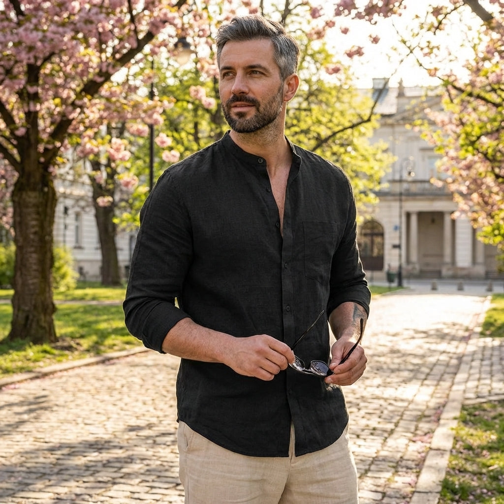 Jerzy - Koszula lniana męska – Lekkie eleganckie ubranie na lato z długim rękawem