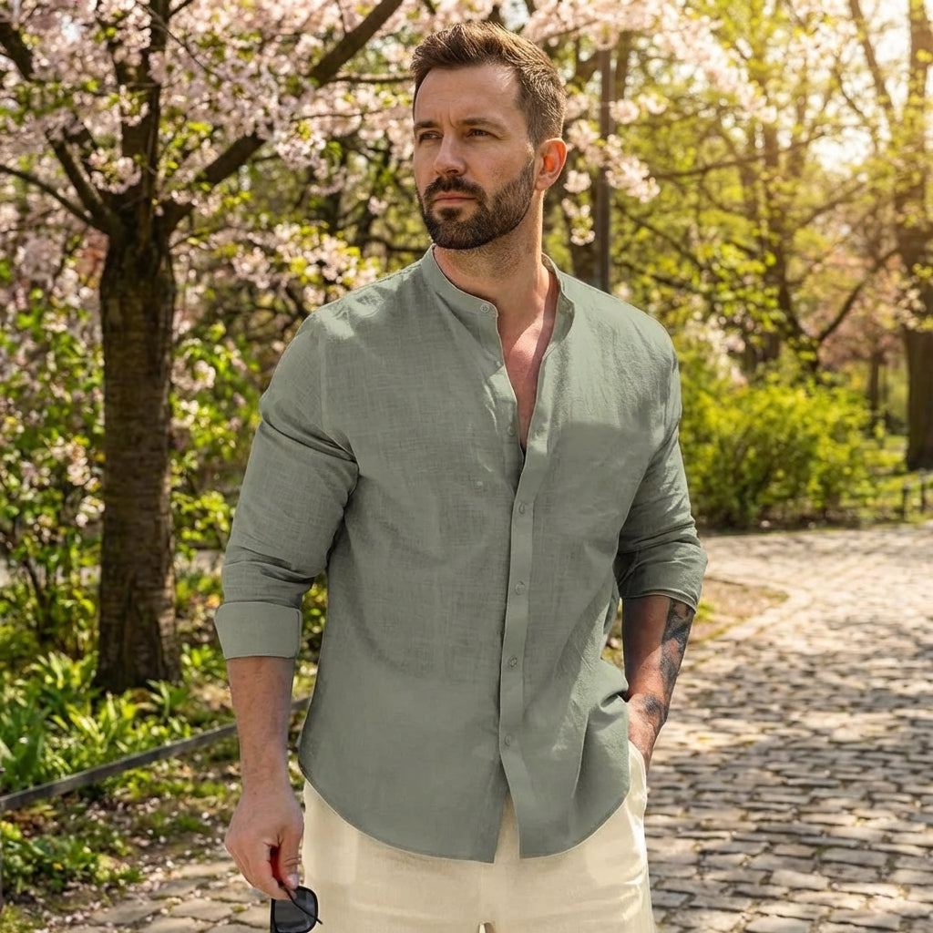 Jerzy - Koszula lniana męska – Lekkie eleganckie ubranie na lato z długim rękawem
