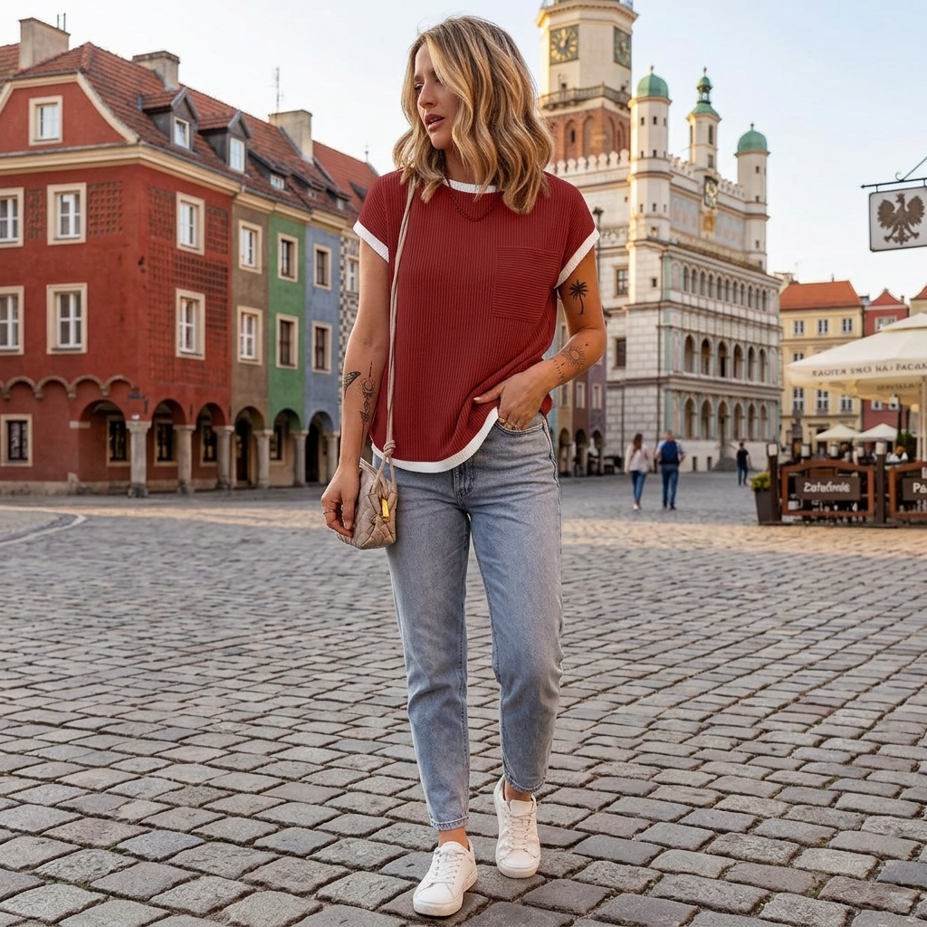 Magdalena | Koszula Damska – Prążkowana Koszula z Krótkim Rękawem i Kieszenią