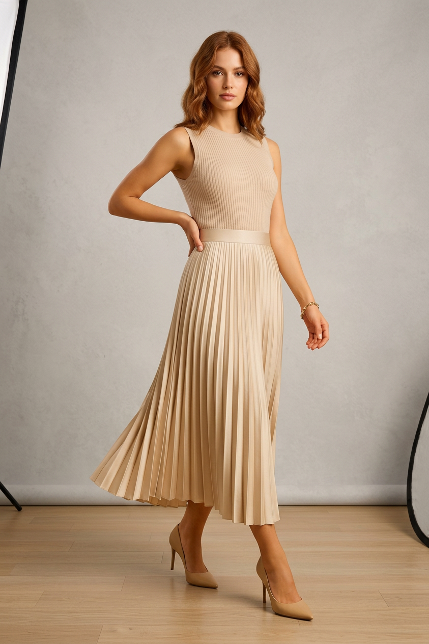 Justyna | Spódnica Midi – Elegancka satynowa spódnica z wysokim stanem