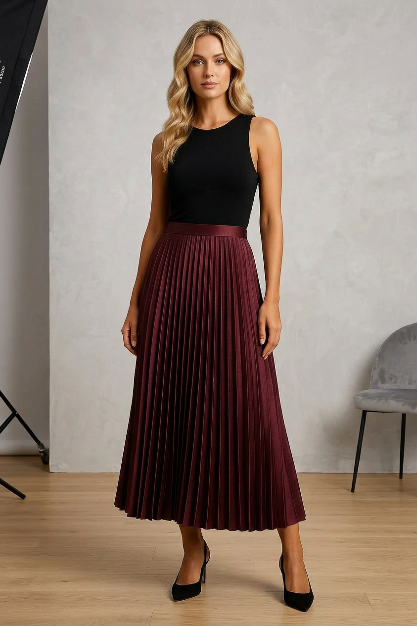 Justyna | Spódnica Midi – Elegancka satynowa spódnica z wysokim stanem