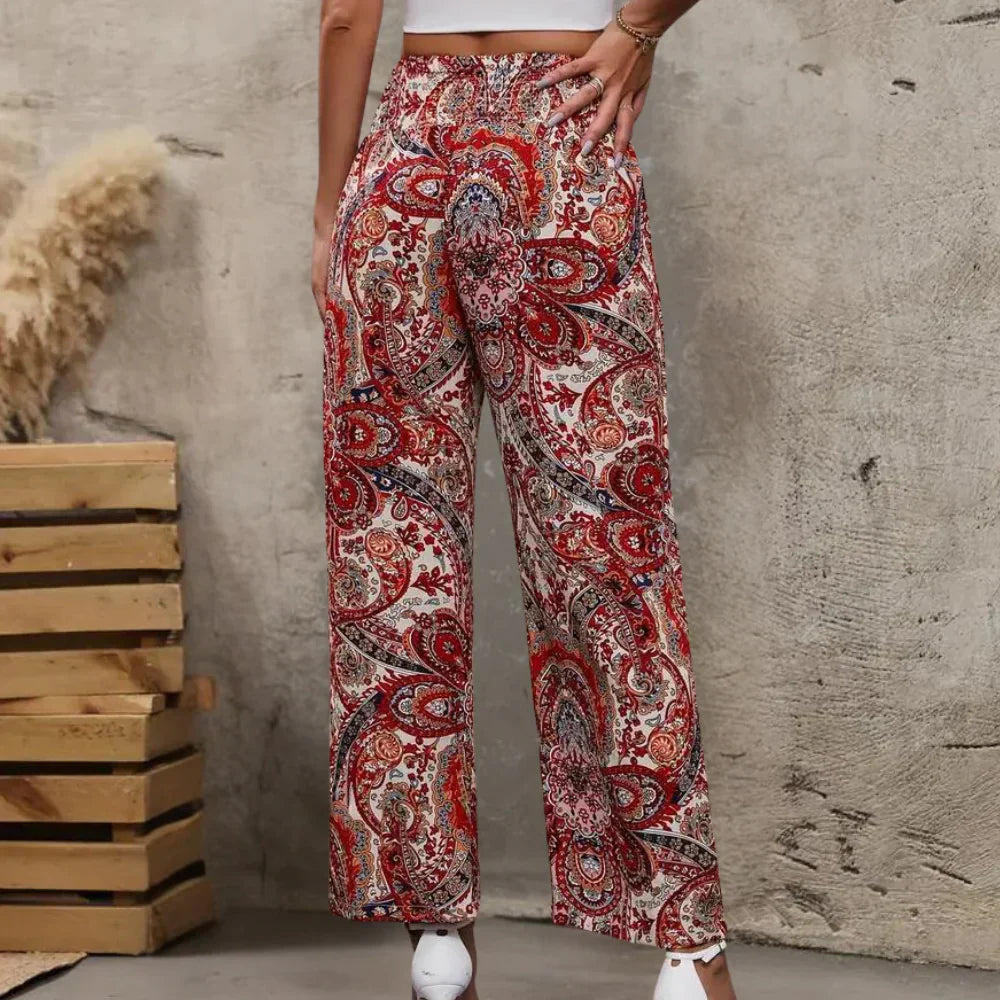 Grażyna | Spodnie boho – Eleganckie spodnie z szerokimi nogawkami w wzór paisley na wiosnę i lato