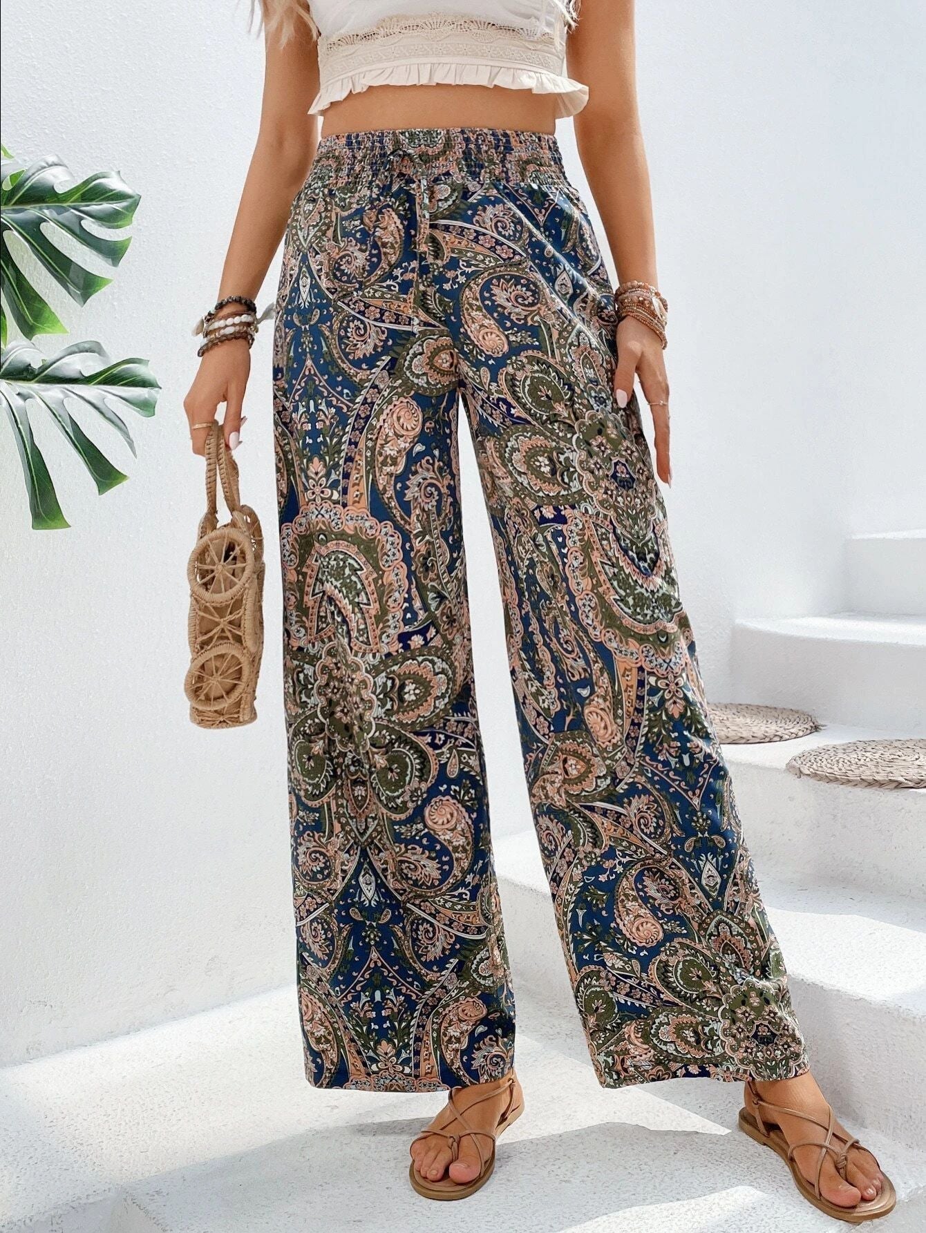 Grażyna | Spodnie boho – Eleganckie spodnie z szerokimi nogawkami w wzór paisley na wiosnę i lato