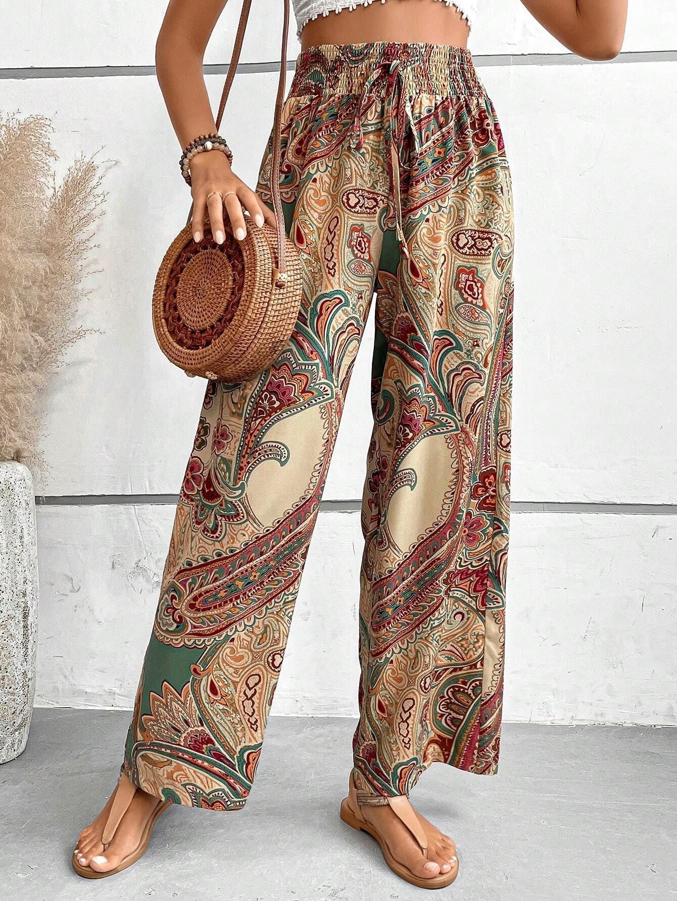 Grażyna | Spodnie boho – Eleganckie spodnie z szerokimi nogawkami w wzór paisley na wiosnę i lato