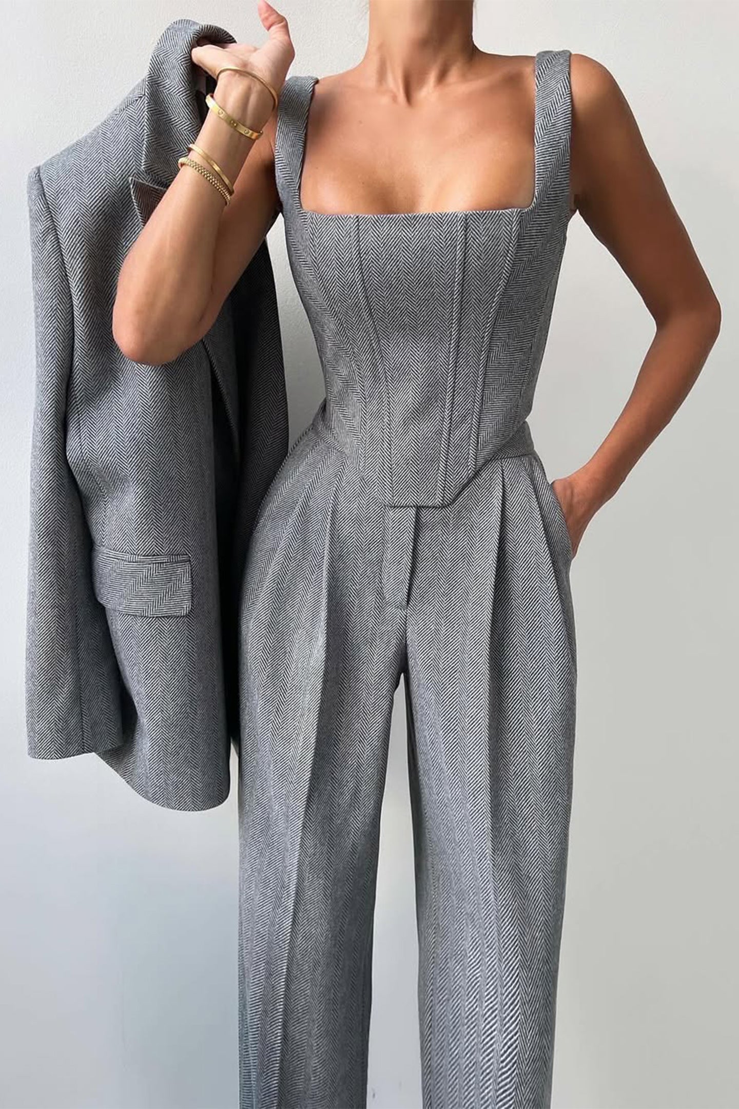 Lisa | Garnitur Damski Komplet – Elegancka Marynarka Gorsetowy Top Szerokie Nogawki