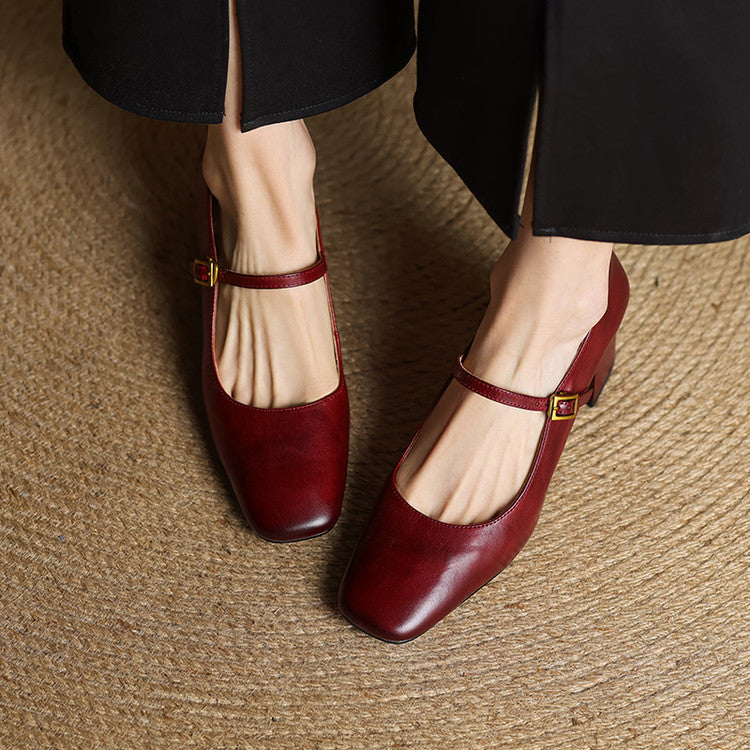 Lenara | Czarne Czółenka na Słupku – Eleganckie Damskie Szpilki Mary Jane z Skórzanym Wykończeniem