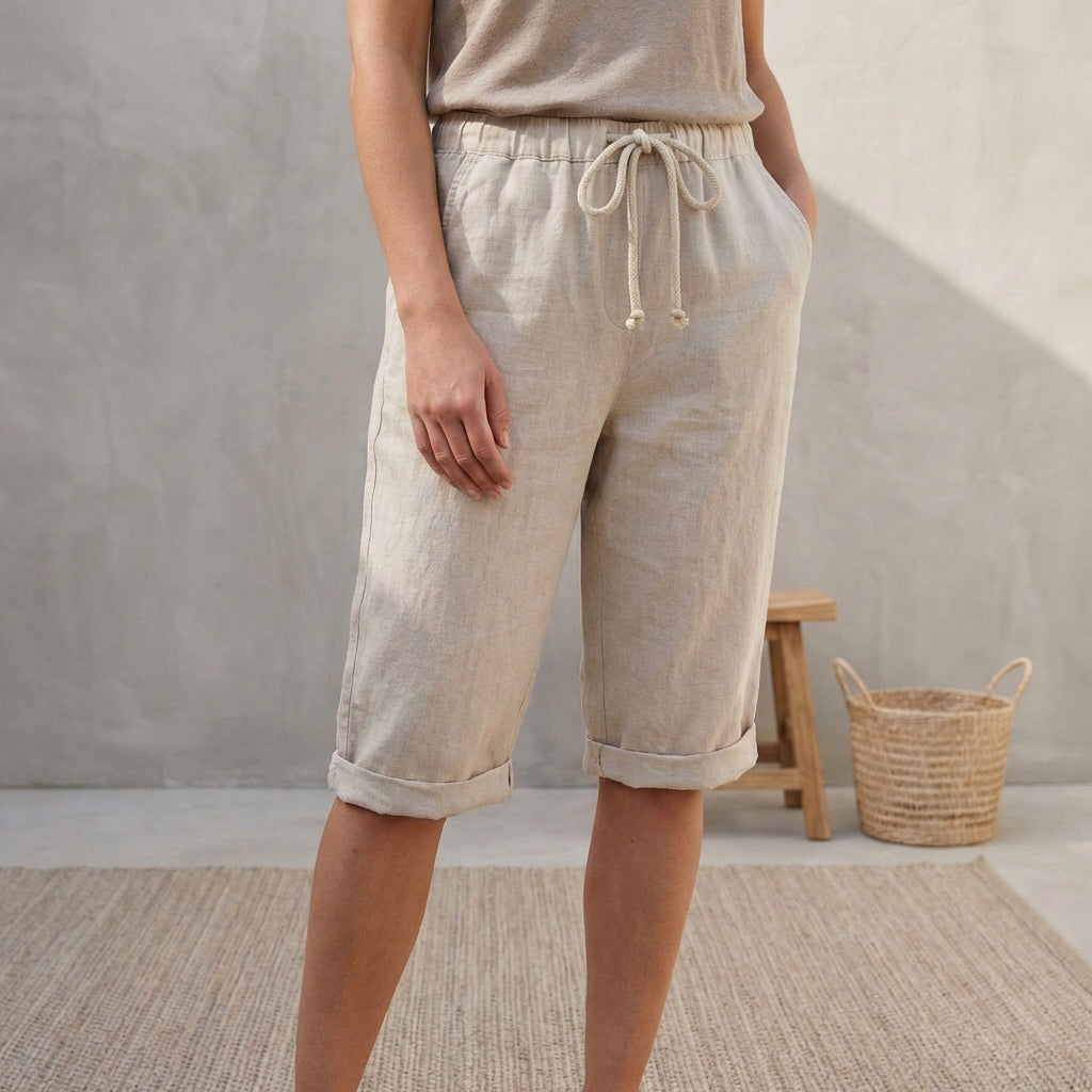 Lniane | Spodnie letnie damskie – Eleganckie spodnie capri z regulowaną talią 0