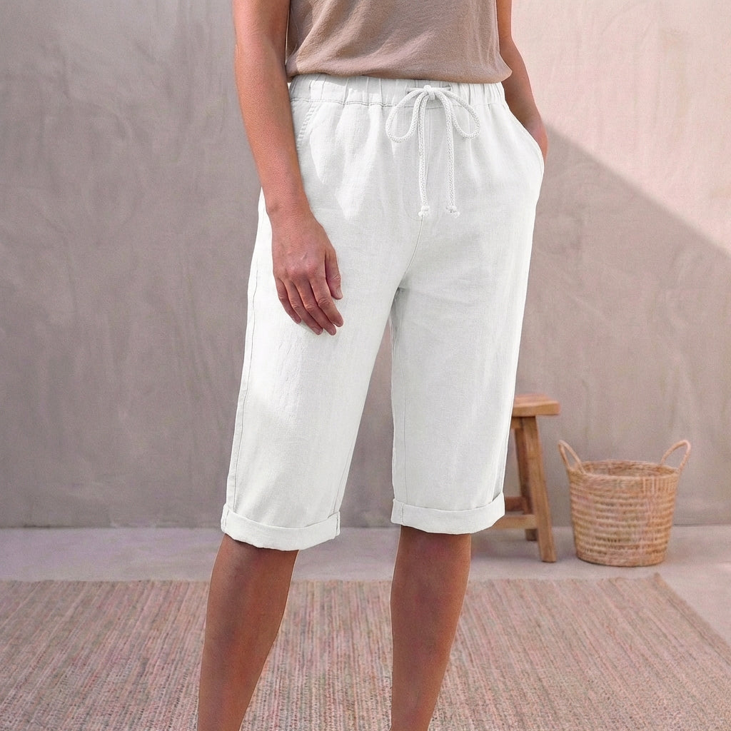 Lniane | Spodnie letnie damskie – Eleganckie spodnie capri z regulowaną talią 10
