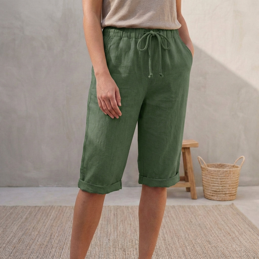 Lniane | Spodnie letnie damskie – Eleganckie spodnie capri z regulowaną talią 2