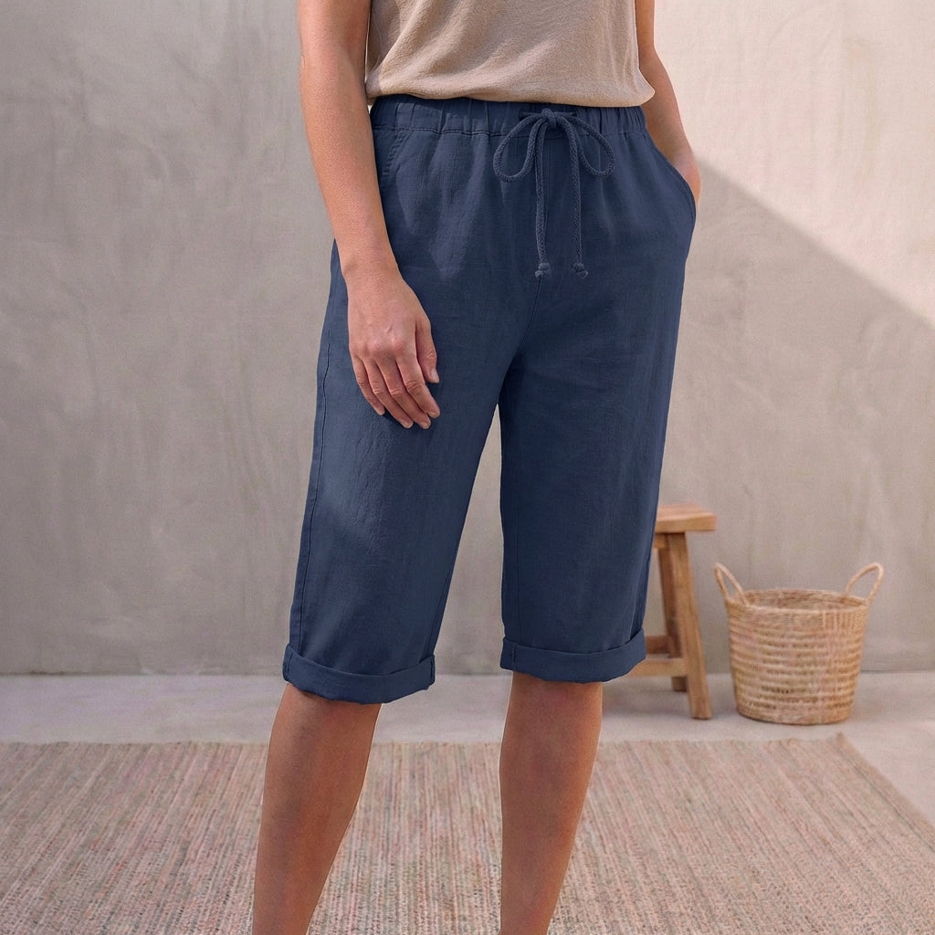 Lniane | Spodnie letnie damskie – Eleganckie spodnie capri z regulowaną talią 6
