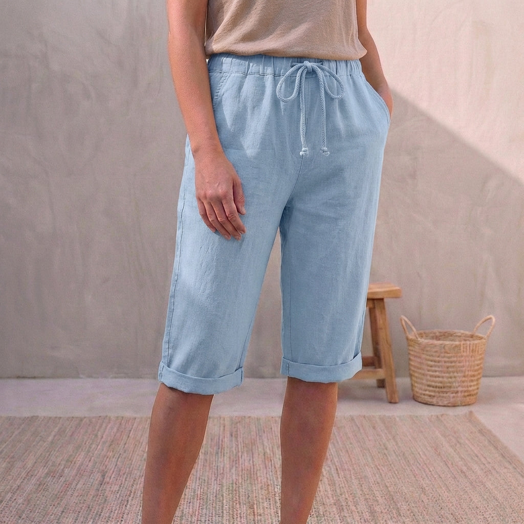 Lniane | Spodnie letnie damskie – Eleganckie spodnie capri z regulowaną talią 9