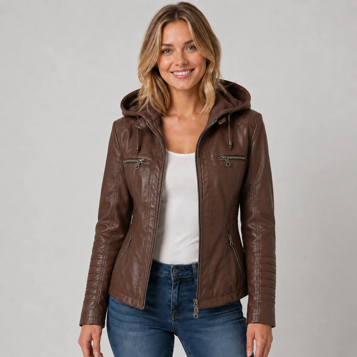 Montarello | Kurtka zimowa damska – Skórzana kurtka z odpinanym kapturem i kieszeniami 4