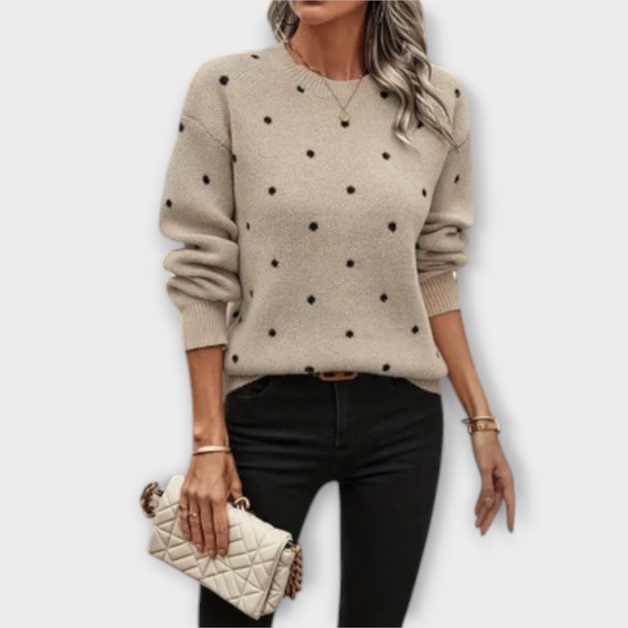Ava – Casualny Sweter Dzianinowy z Długim Rękawem w Wzór W Groszki