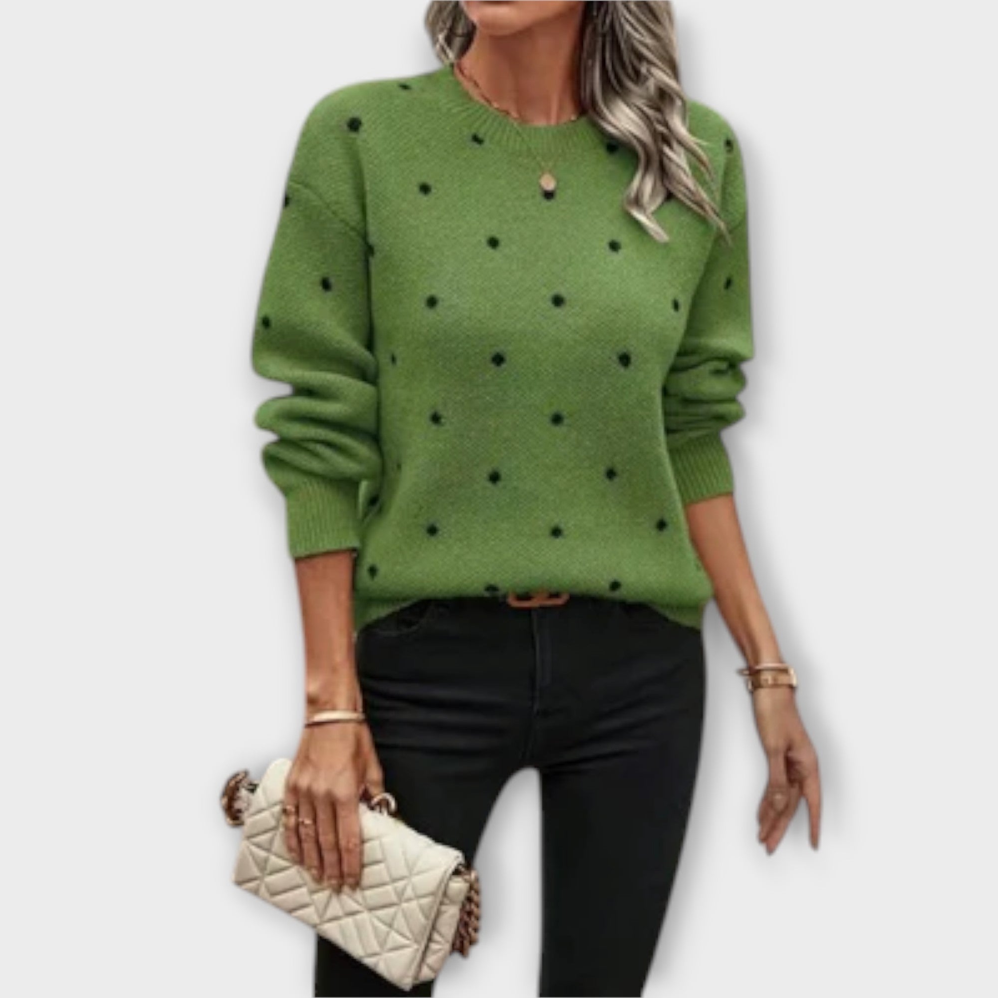 Ava – Casualny Sweter Dzianinowy z Długim Rękawem w Wzór W Groszki