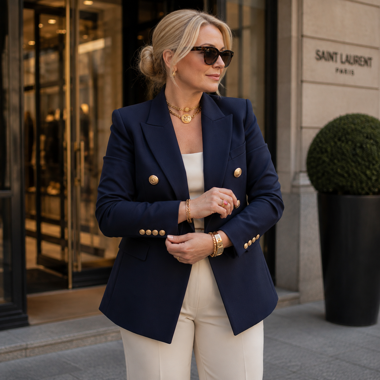 Nina – Elegancka Taliowana Marynarka z Dwurzędowymi Guzikami