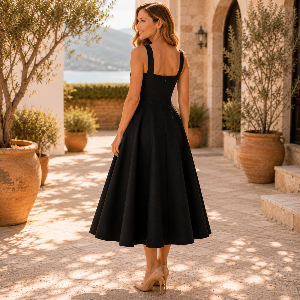 Kirsty | Elegancka Sukienka Midi Rozkloszowana z Kwadratowym Dekoltem
