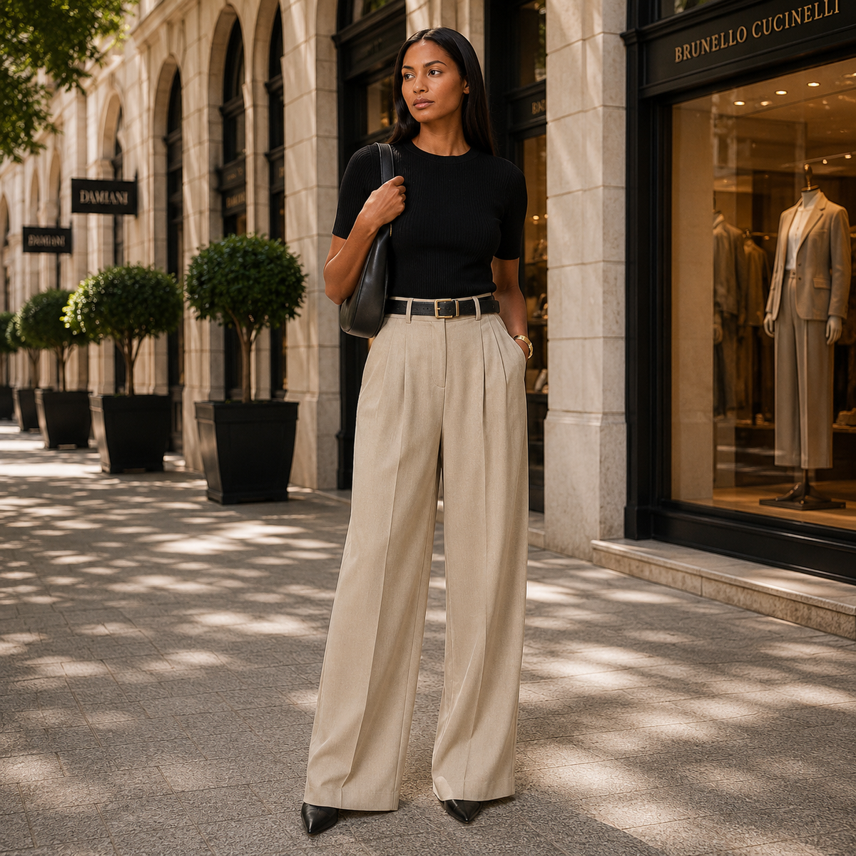 Elegancka Pantalon Damska z Szerokimi Nogawkami i Zakładkami