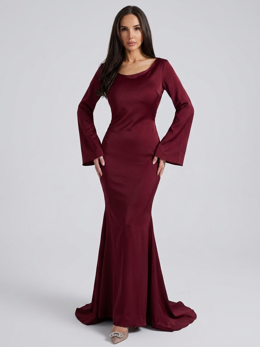 Felicity | Elegancka satynowa sukienka maxi na wesele z długim rękawem i linią A