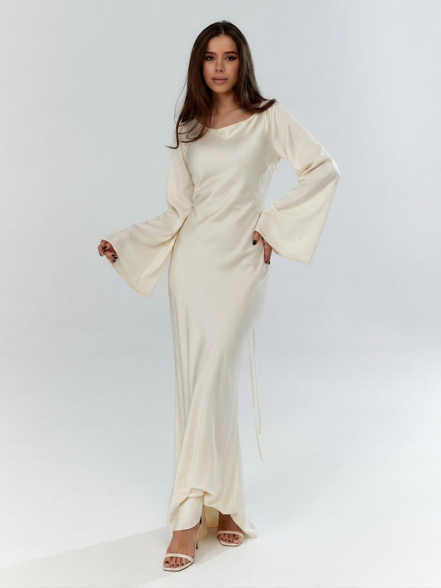 Felicity | Elegancka satynowa sukienka maxi na wesele z długim rękawem i linią A