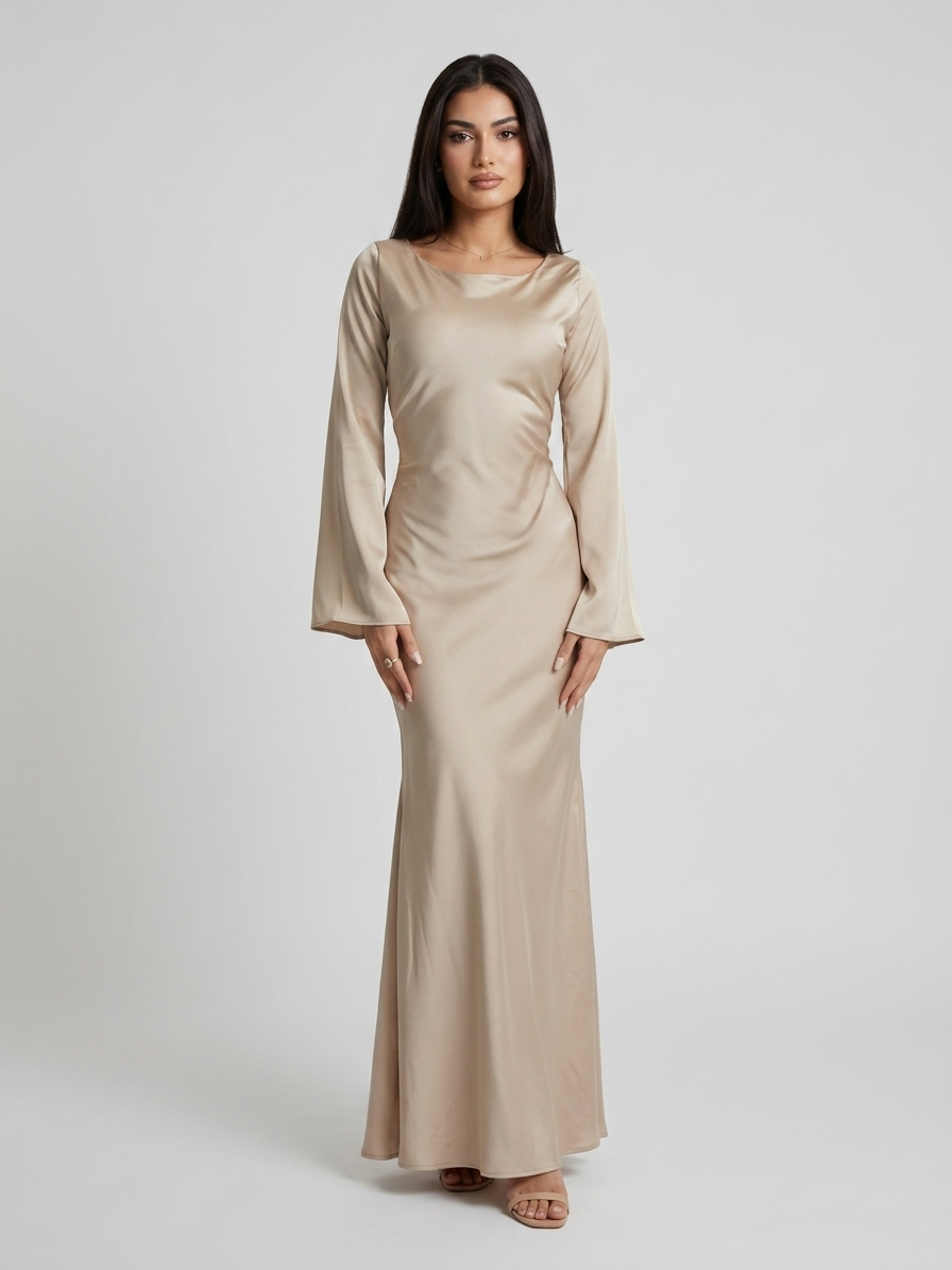 Felicity | Elegancka satynowa sukienka maxi na wesele z długim rękawem i linią A