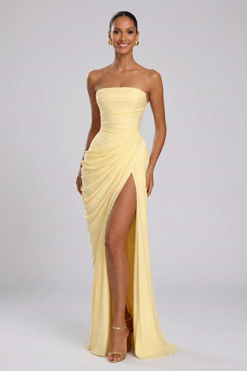 Ewangelina | Sukienka maxi na wesele – Elegancka sukienka maxi bez ramiączek z wysokim rozcięciem