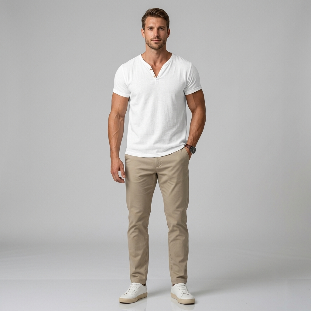 Klasik | T-shirt Męski – Koszulka z Dekoltem V i Plisą Henley, Wygodna i Stylowa