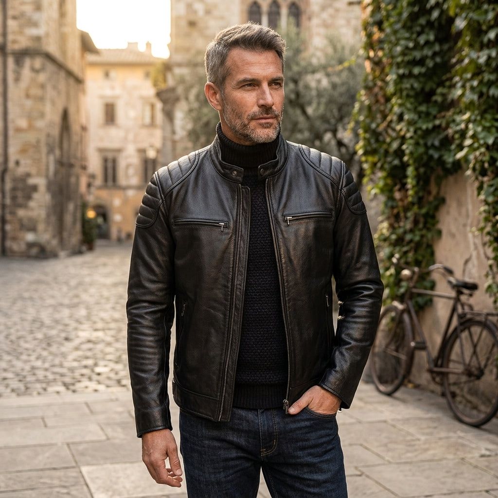 Marek | Męska Kurtka Skórzana ze Stójką Biker Casual