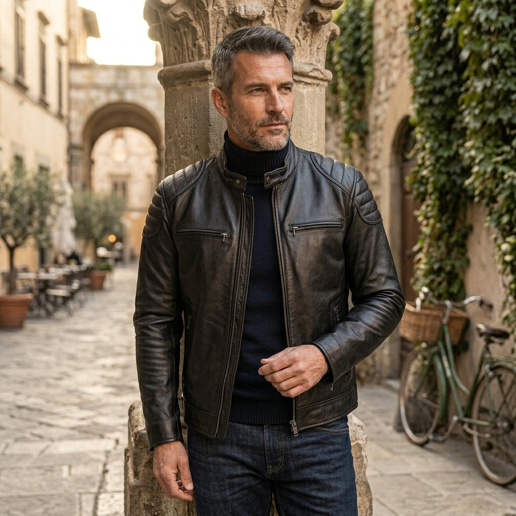 Marek | Męska Kurtka Skórzana ze Stójką Biker Casual