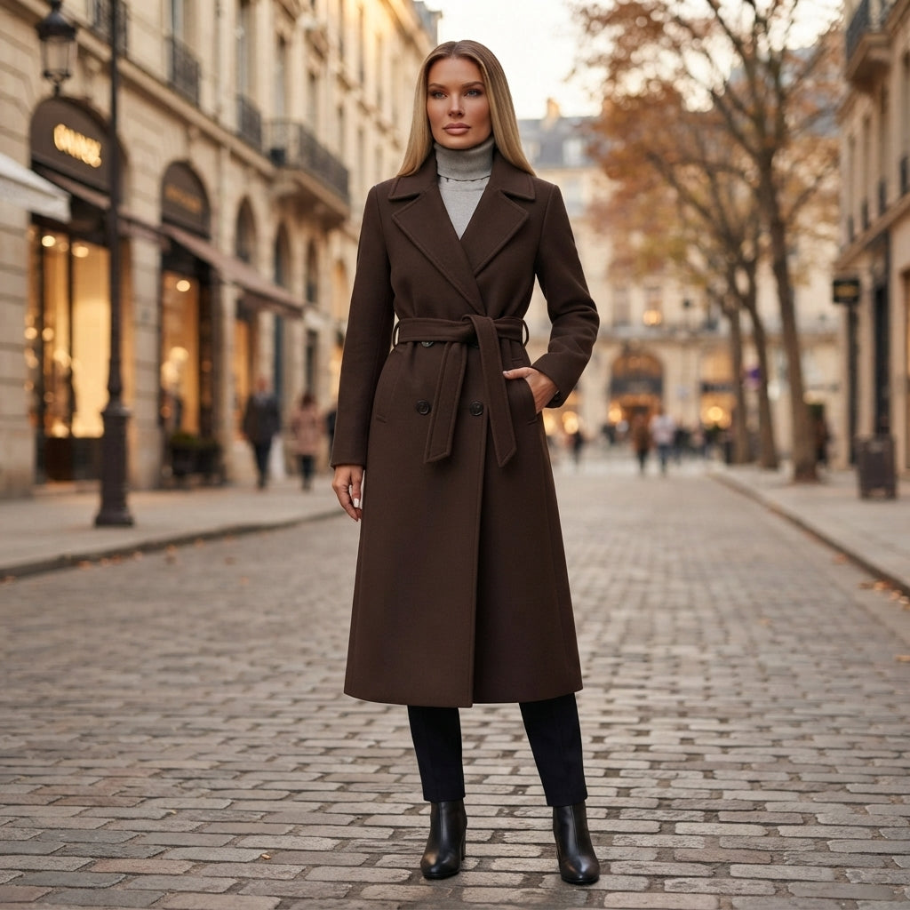 Charlotte | Elegancki Wełniany Płaszcz Damski z Wiązanym Paskiem