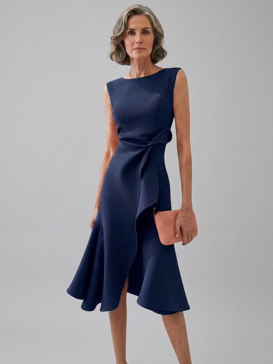Lena | Sukienka na wesele – Elegancka sukienka midi bez rękawów z asymetrycznym dołem