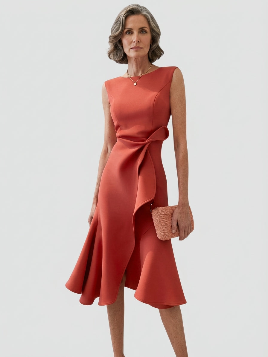 Lena | Sukienka na wesele – Elegancka sukienka midi bez rękawów z asymetrycznym dołem