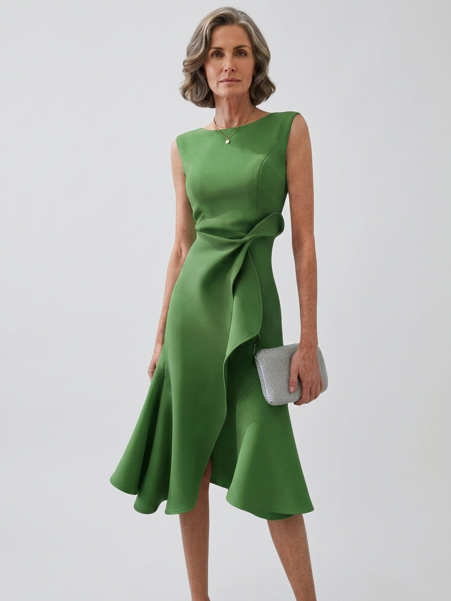 Lena | Sukienka na wesele – Elegancka sukienka midi bez rękawów z asymetrycznym dołem