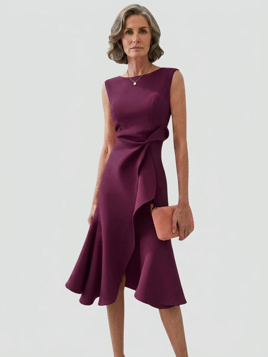 Lena | Sukienka na wesele – Elegancka sukienka midi bez rękawów z asymetrycznym dołem