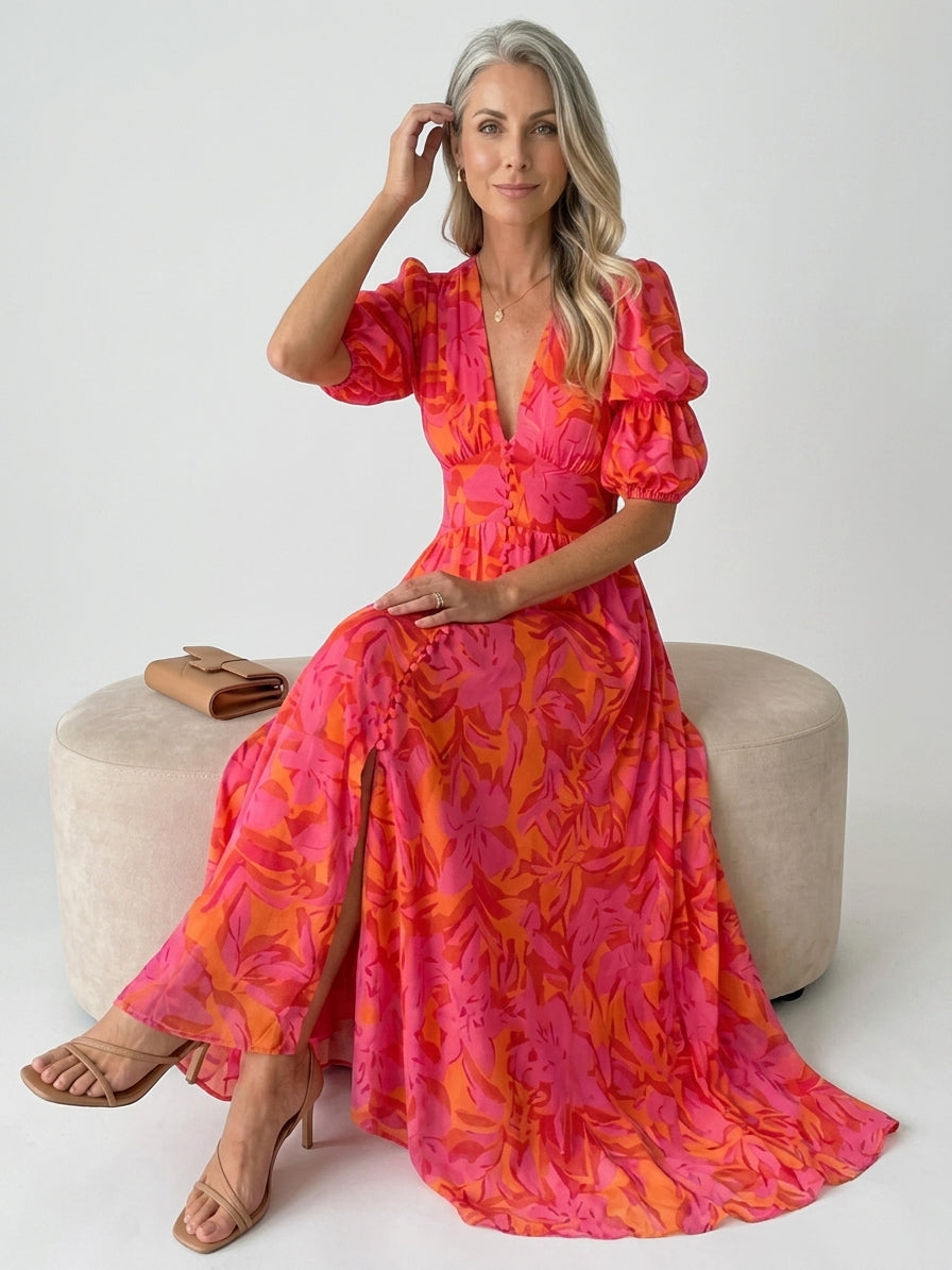 Katarzyna | Sukienka maxi na wesele – Elegancka sukienka z dekoltem V i bufiaste rękawy