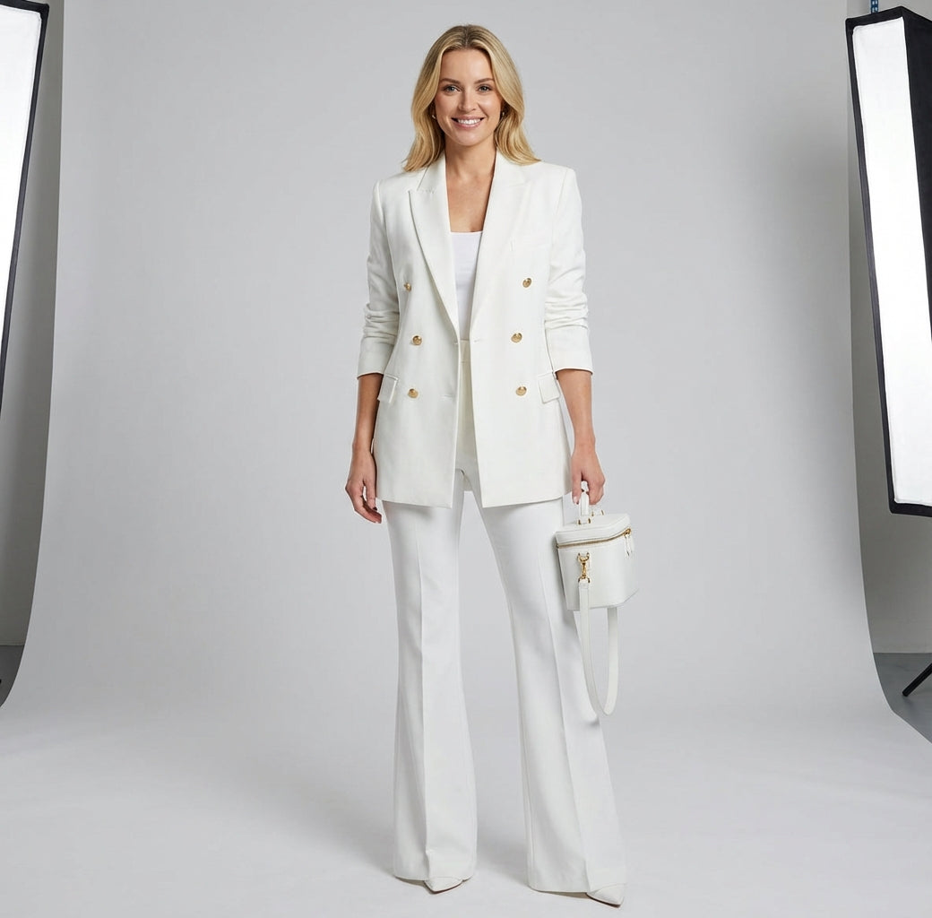 Katarzyna - Garnitur Damski Elegancki Dwurzędowy z Długą Marynarką i Rozszerzanymi Spodniami