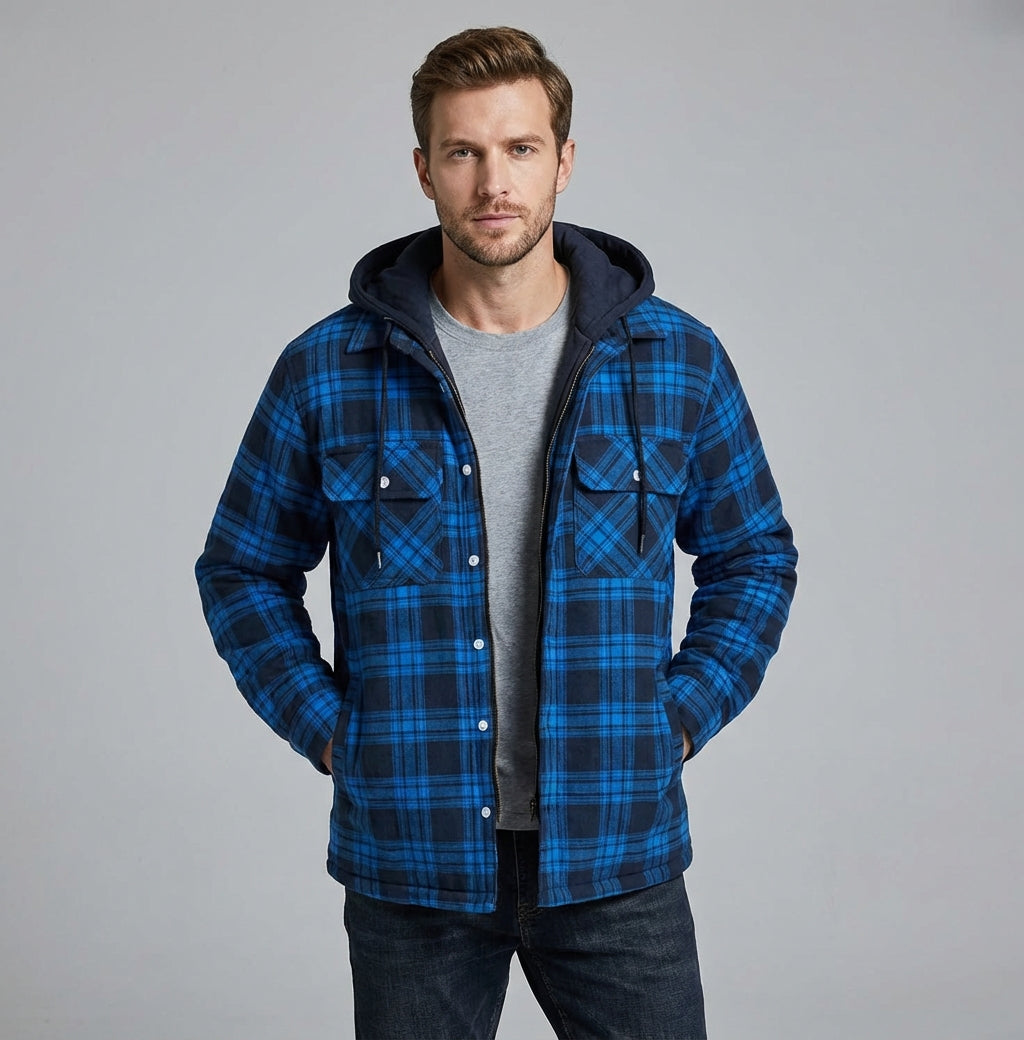 Kamil – Męska kurtka bomber w kratę z kapturem i pikowaną podszewką