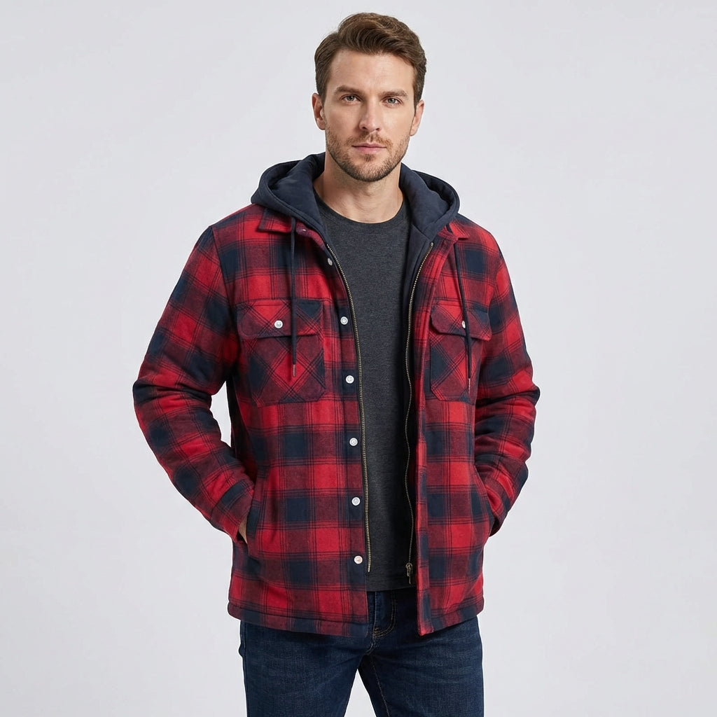 Kamil – Męska kurtka bomber w kratę z kapturem i pikowaną podszewką