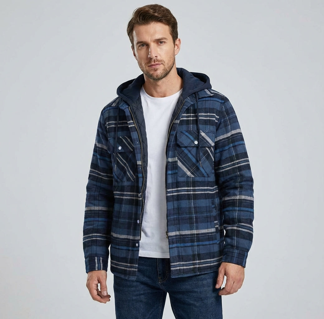 Kamil – Męska kurtka bomber w kratę z kapturem i pikowaną podszewką