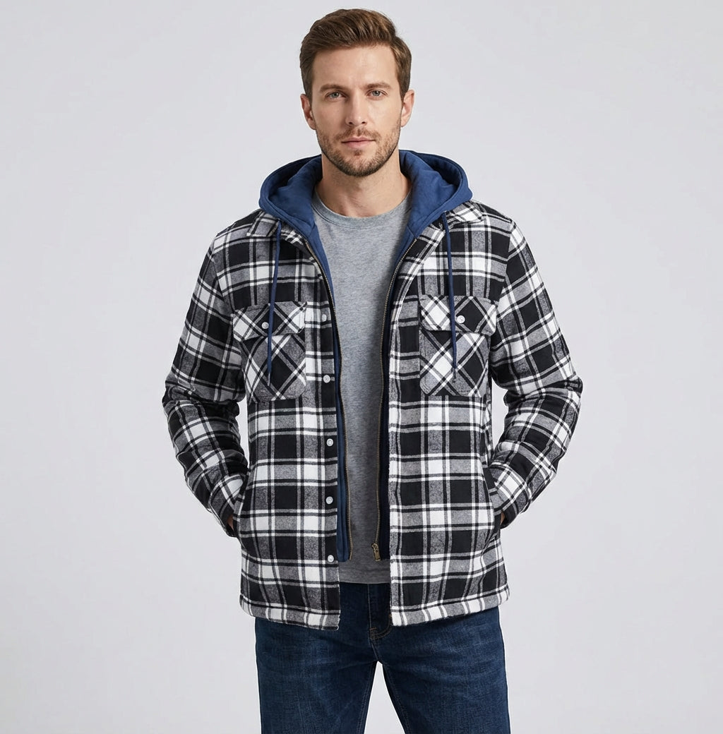 Kamil – Męska kurtka bomber w kratę z kapturem i pikowaną podszewką