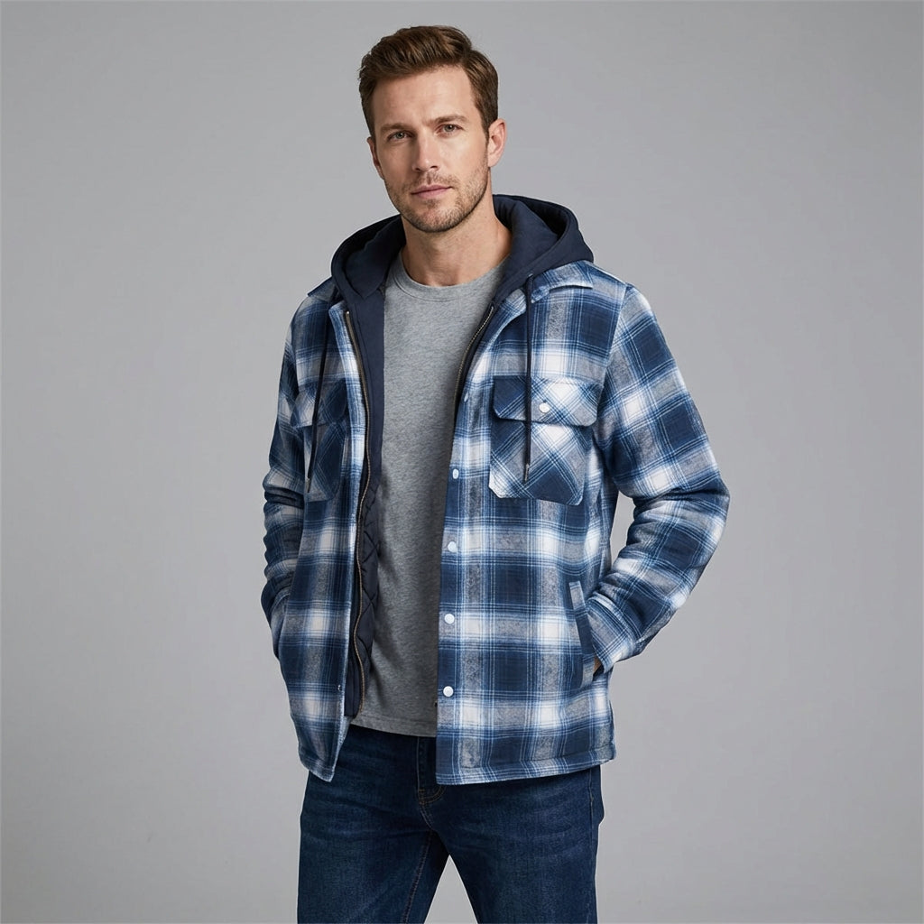 Kamil – Męska kurtka bomber w kratę z kapturem i pikowaną podszewką