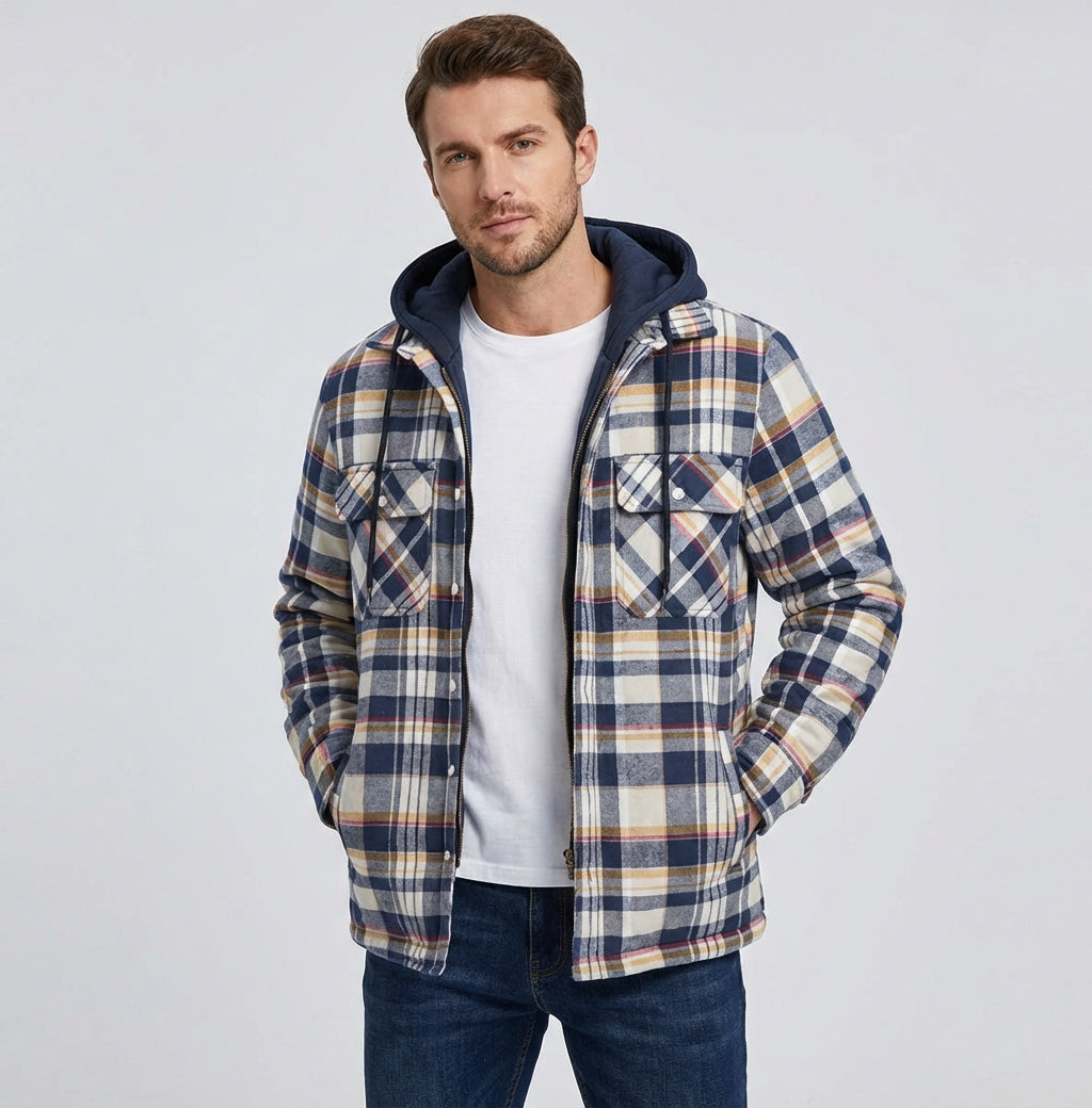 Kamil – Męska kurtka bomber w kratę z kapturem i pikowaną podszewką